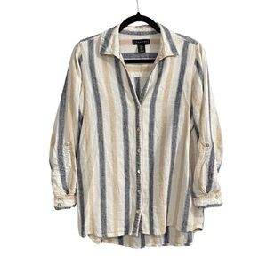 TAHARI Linen Striped Button Front Blouse S